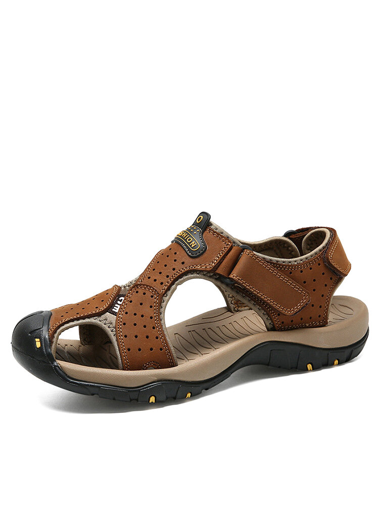 Men Hook Loop Outdoor Slip Resistant Leather Sandals