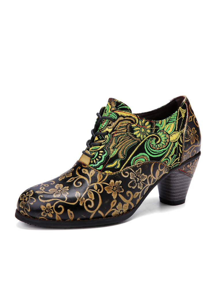 Sокофи Элегантные жаккардовые туфли с цветочным тиснением Дизайн Кожаные туфли в стиле пэчворк со шнуровкой на массивном каблуке