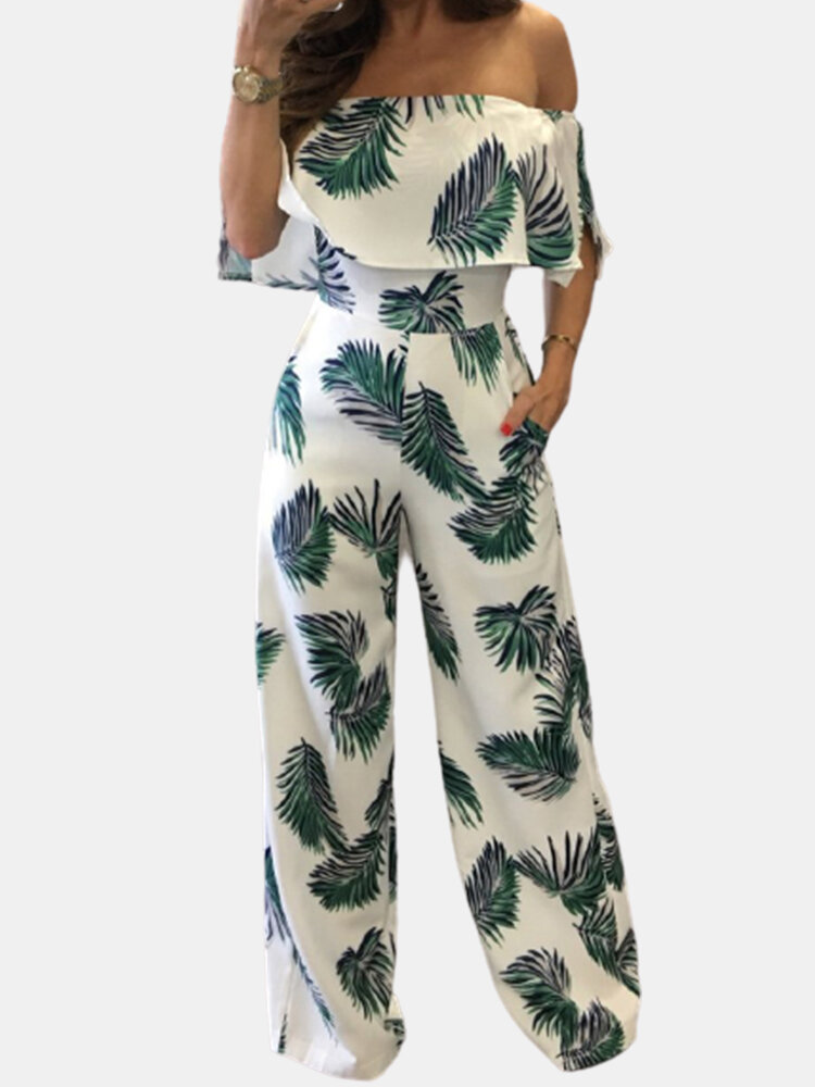 Leaves Print Ruffle Pocket Off-shoulder Casual Jumpsuit for Women