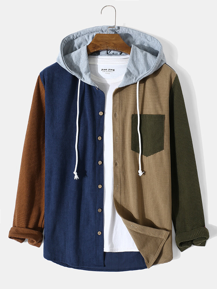 Mens Corduroy Colorblock Patchwork Casual Drawstring Hooded Shirts With Pocket