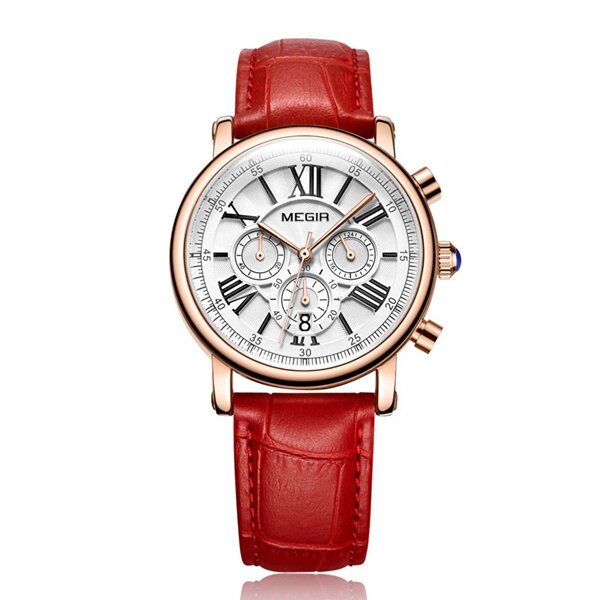 

Elegant Ladies Luxury Watch Big Roman Number Date Red White Leather Strap Quartz Watches for Women, White;red