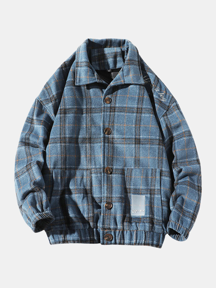 Mens Plaid Woolen Cargo Style Elastic Hem Jackets With Double Pockets