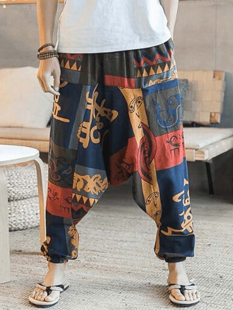 

Mens Ethnic Tribal Pattern Drop Crotch Pants With Pocket, Navy