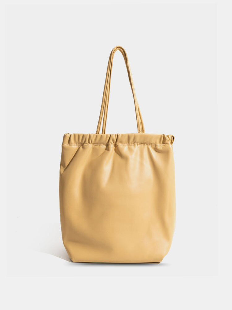 Women PU Leather Yellow Large Capacity Shoulder Bag Handbag Shopping Bag Ruched Bag