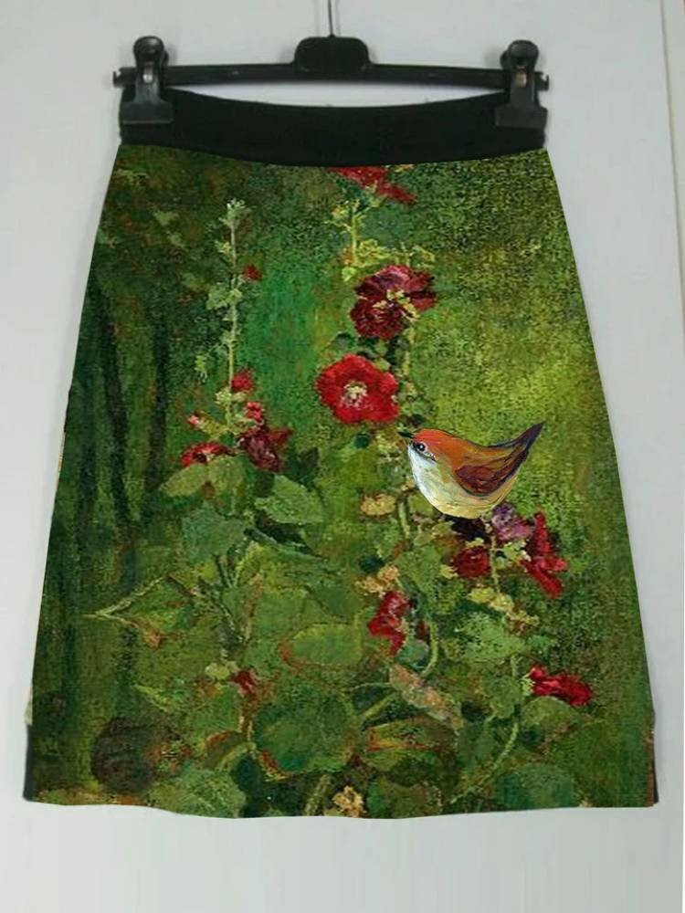 

Bird Calico Plants Print Patchwork Skirts, Green