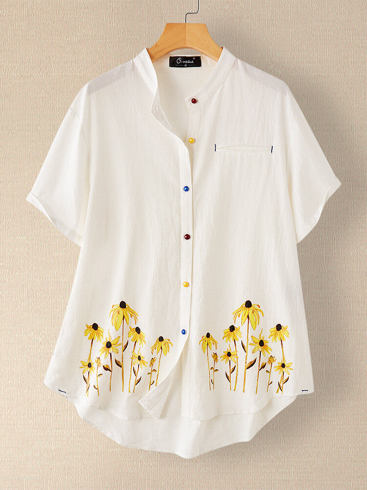 Flowers Print Colorful Button Plus Size Shirt