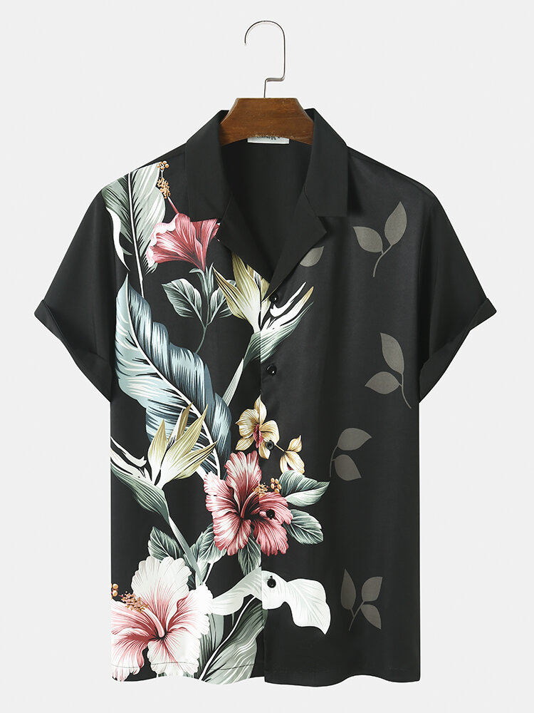 Mens Tropical Plant Print Revere Collar Holiday Short Sleeve Shirts