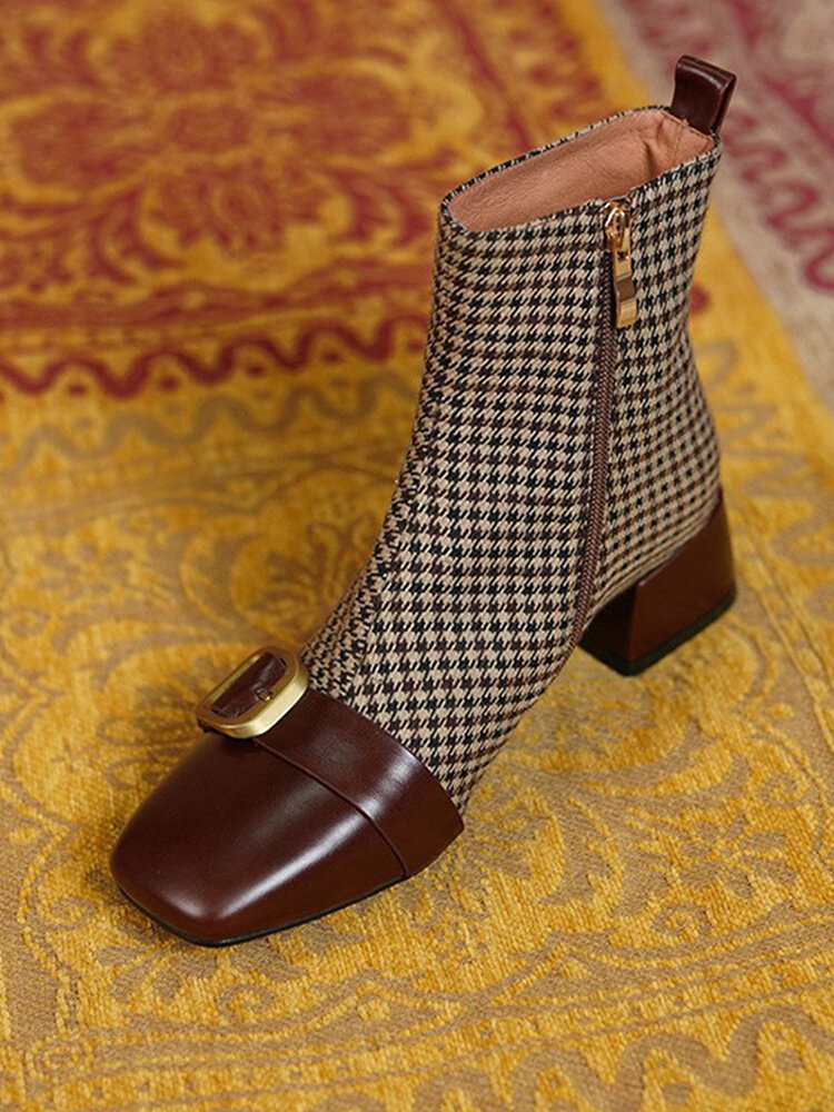 Women Fashion Retro Houndstooth Pattern Side-zip Comfy Square Toe Brown Heeled Boots