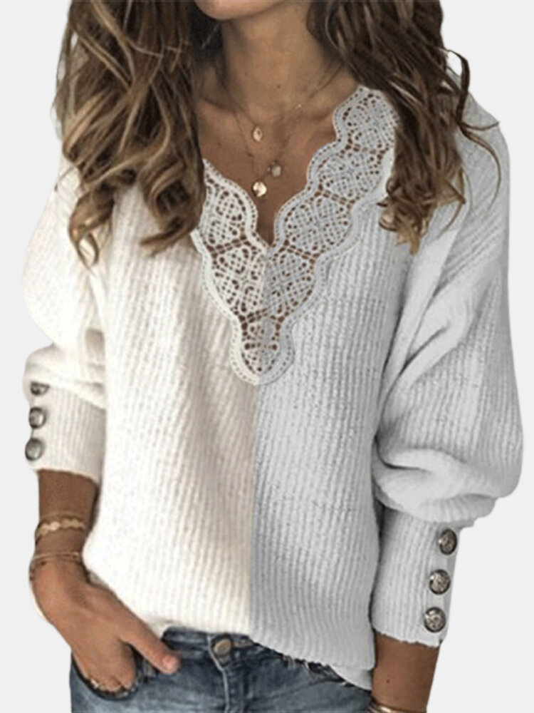 Patchwork Lace Lantern Sleeves Plus Size Casual Sweater With Button