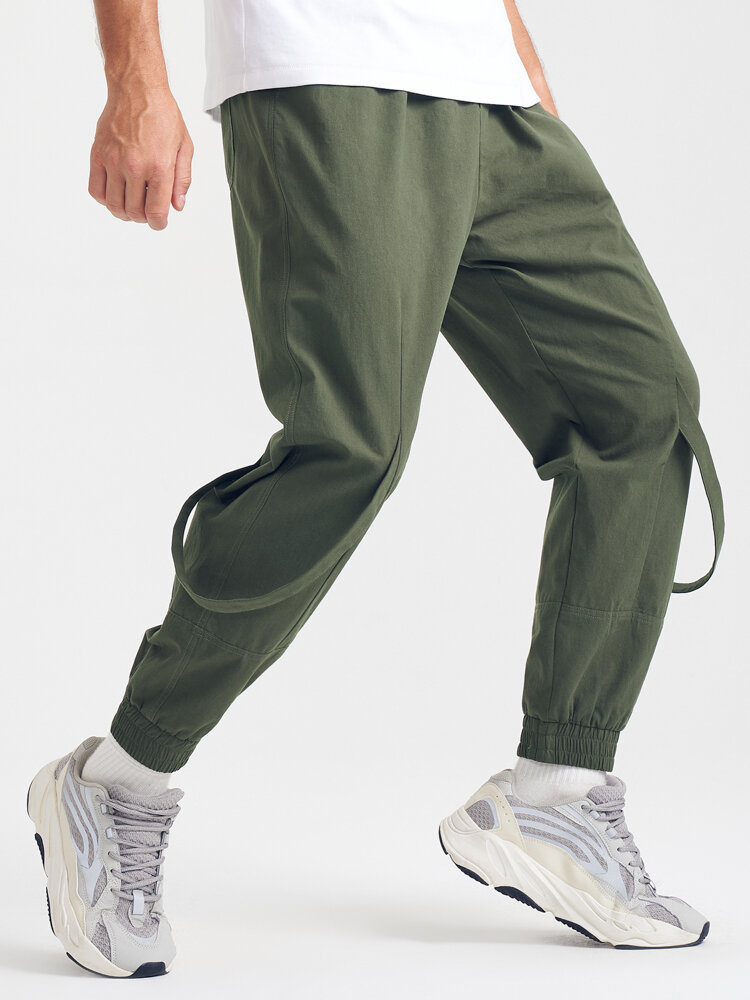 

Mens Seam Detail Solid Color Loose Cotton Cuffed Pants, Army green