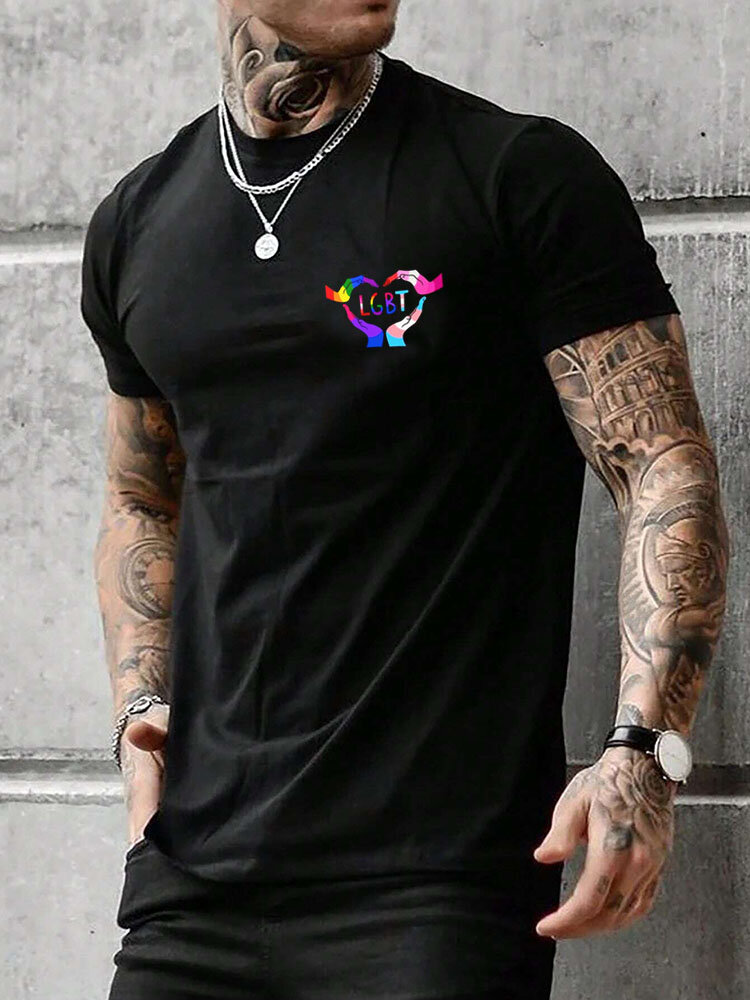 Camisetas masculinas de manga curta com estampa de coração e gola redonda