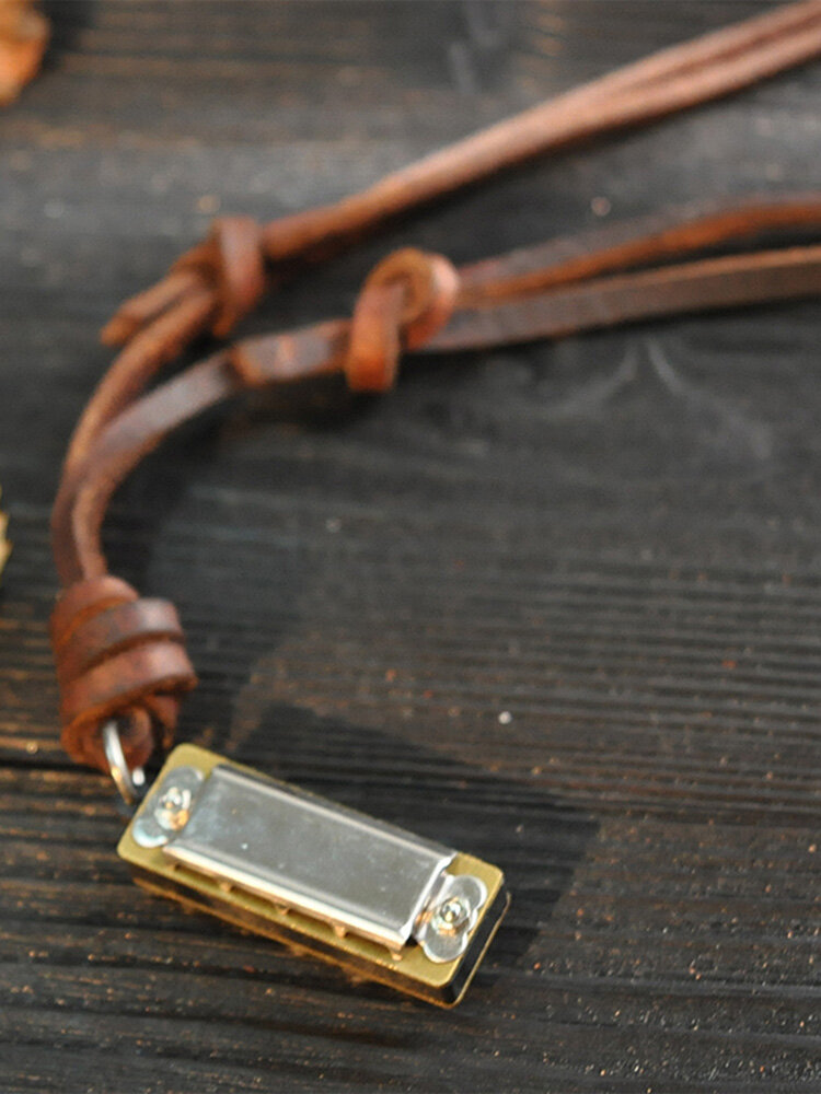 Personality Vintage Men Women Necklace Mini Cowhide Chain Alloy Harmonica Pendant Necklace