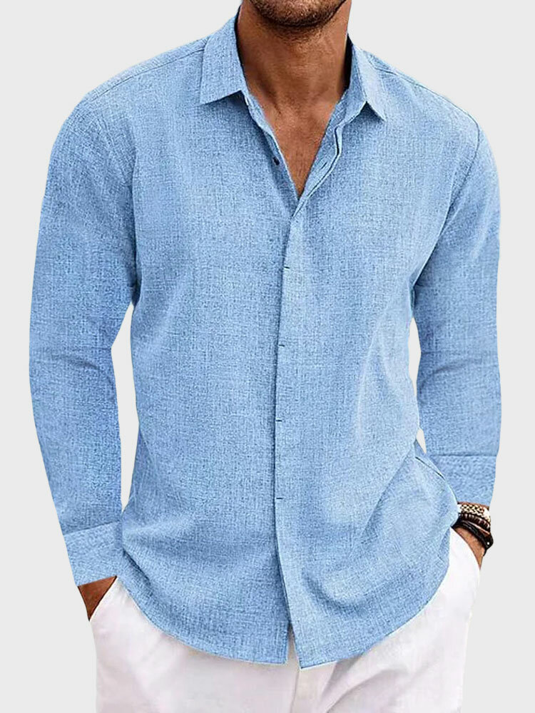 Camisas masculinas de lapela lisa com botões casuais de manga comprida