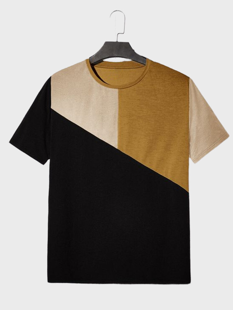 पुरुषों की कलर ब्लॉक पैचवर्क क्रू नेक छोटी आस्तीन वाली टी-शर्ट