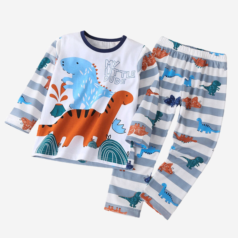 

Boy's Dinosaur Print Striped Long-sleeved Soft Pajama Clothing Set For1-7Y, Gray