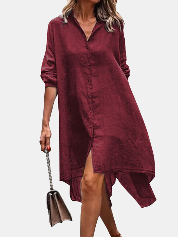 Solid Color Button Long Sleeve High-low Hem Casual Dress