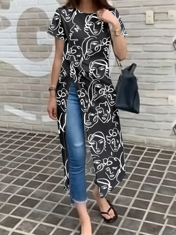 Figure Padrão T-shirt casual de manga curta com decote redondo e torção dividida