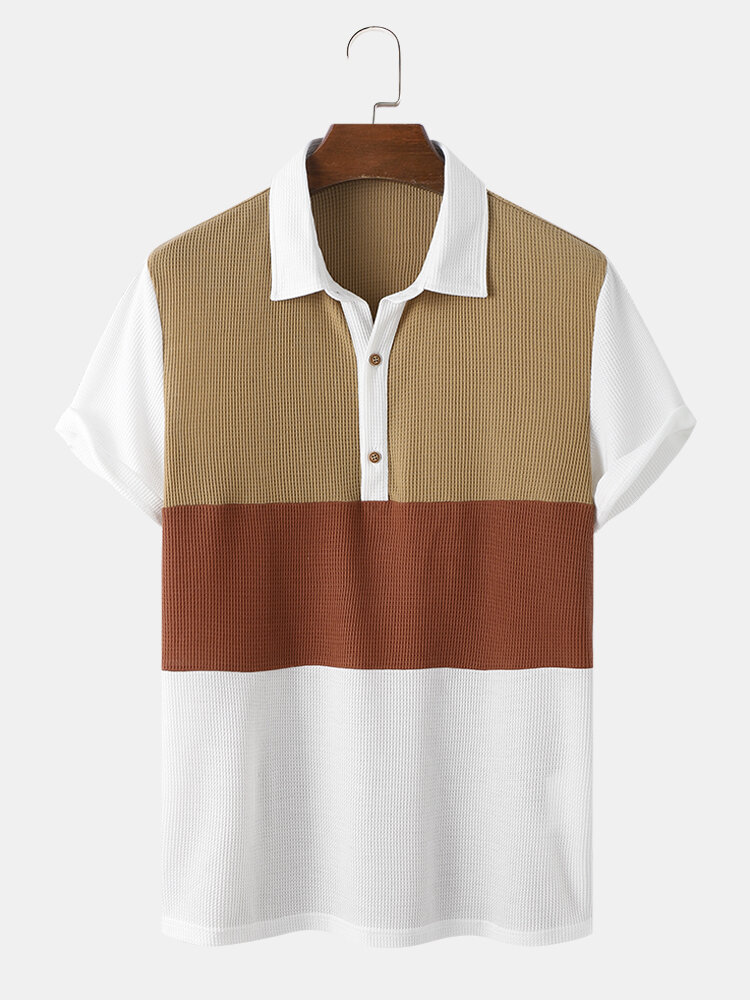 Mens Color Block Patchwork Waffle Knit Short Sleeve Golf Shirts