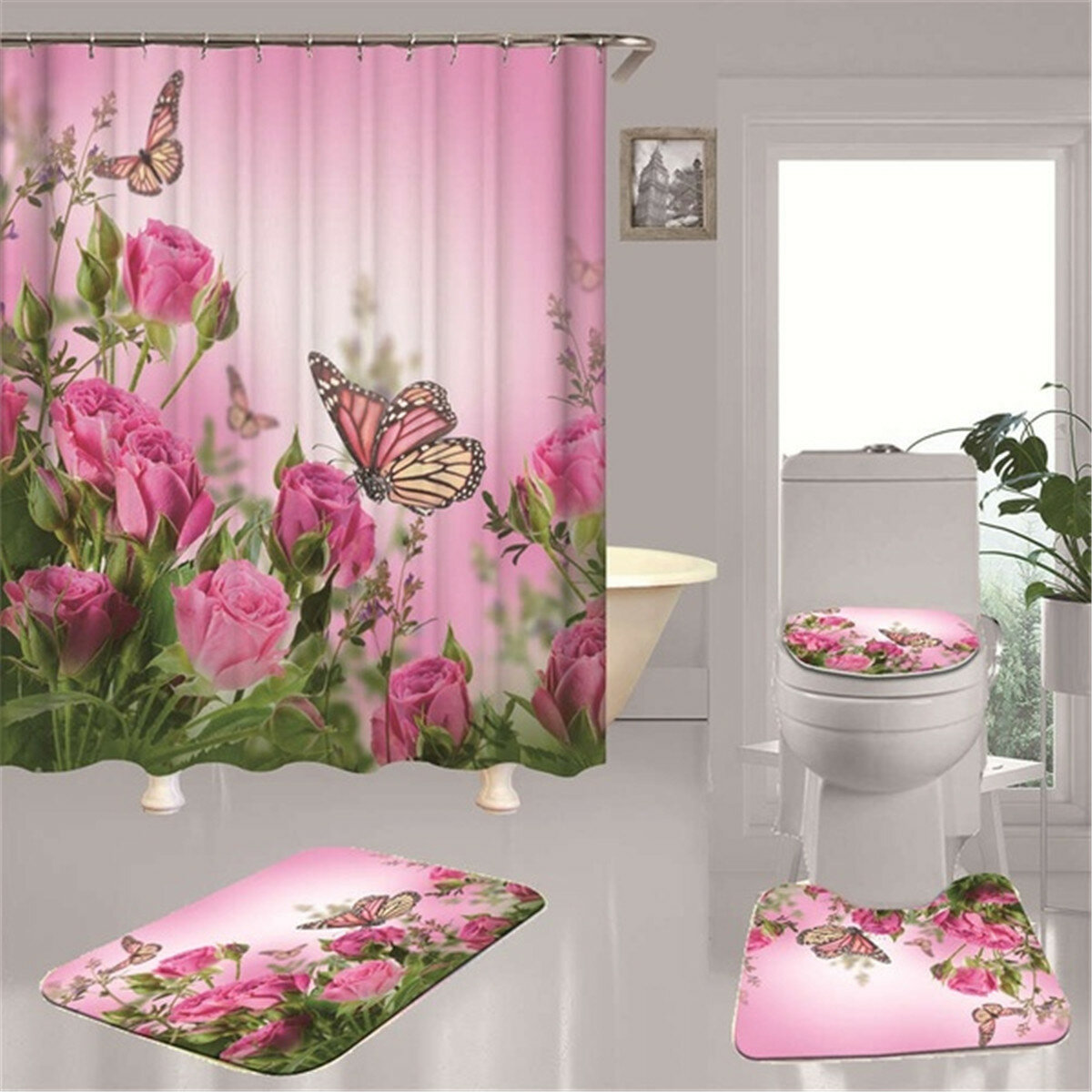 Rose Butterfly Shower Curtain Bath-Mat Toilet Cover Rug Bathroom Decor Set 