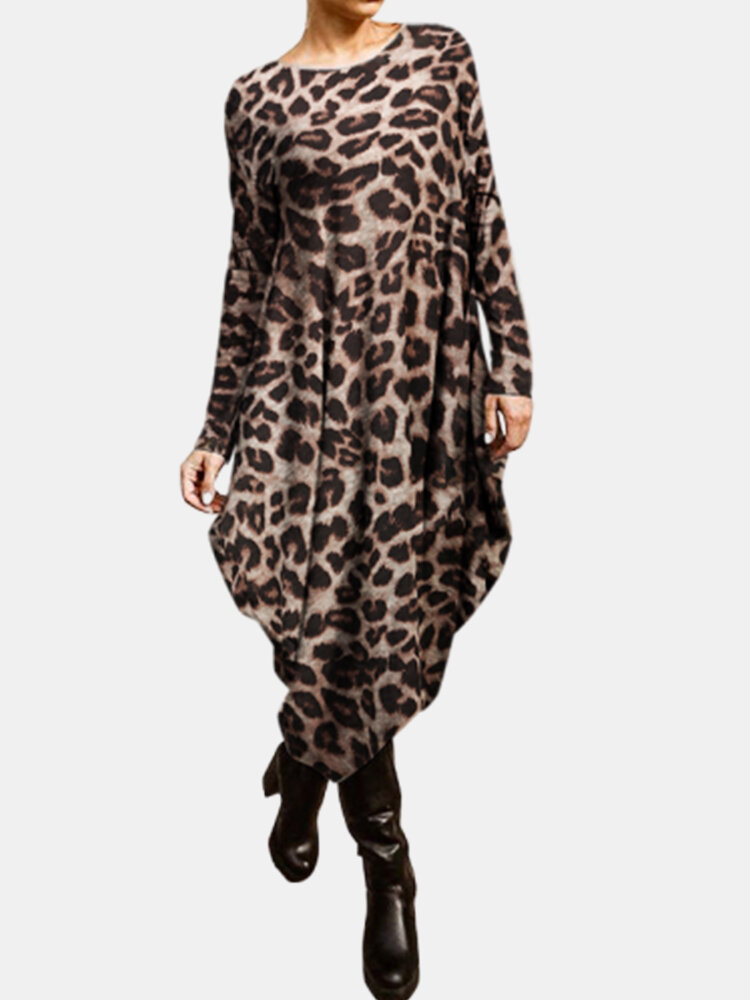Leopard Print Long Sleeves O-neck Casual Dress