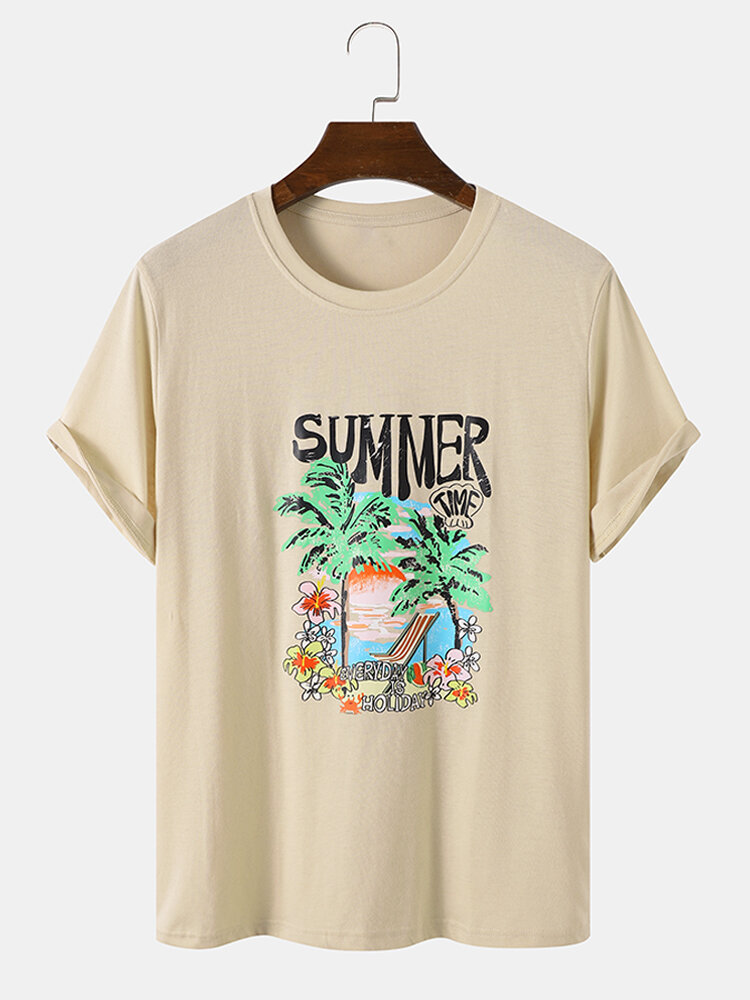 Mens Summer Scenery Print Crew Neck Short Sleeve T-Shirts
