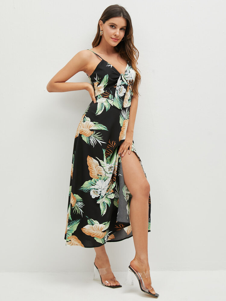 Tropical Flower Print Tie Front Cut Out Slit Dress