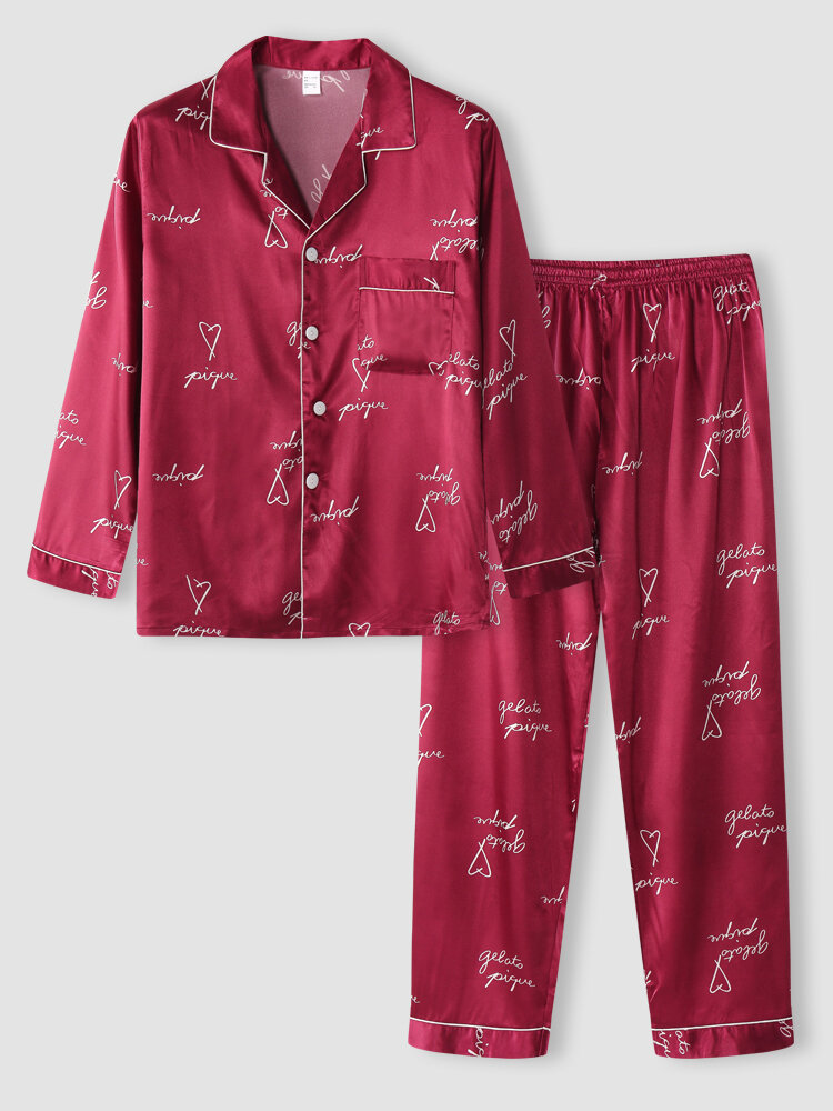 Men Faux Silk Letter Smooth Round Neck Luxury Long Pajama Sets