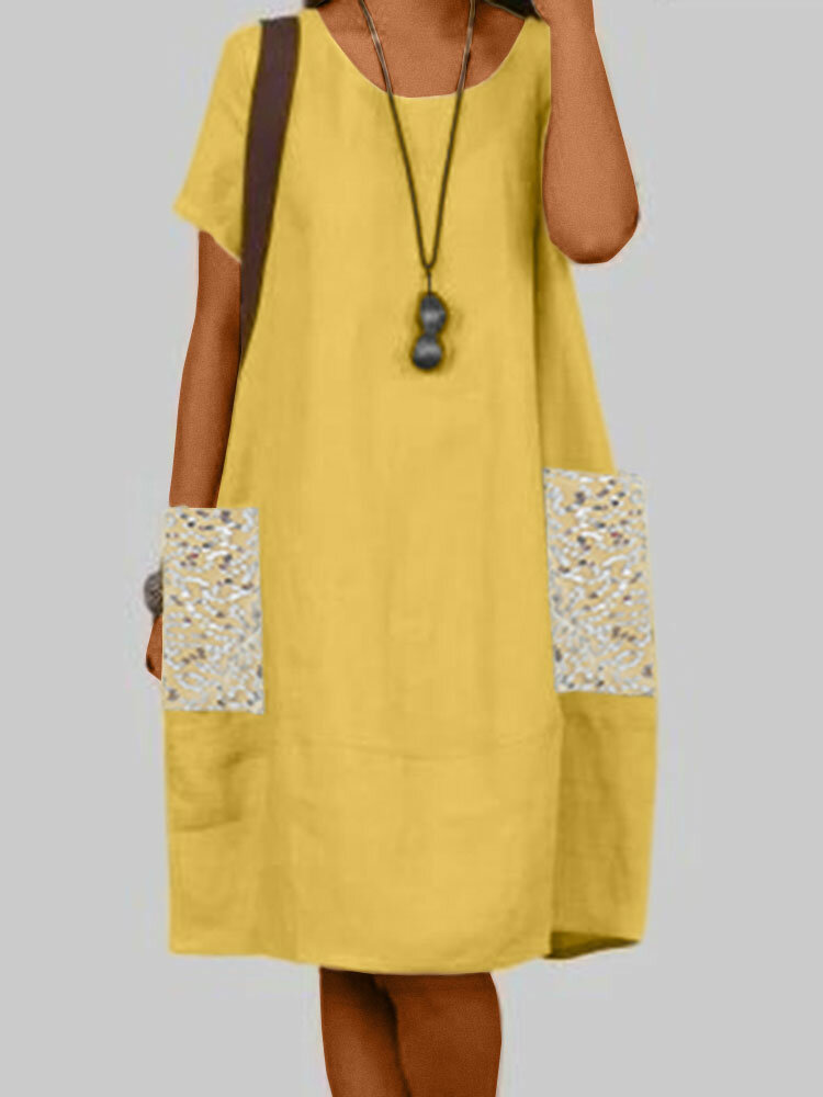 Damen Pailletten Taschenspleiß Baumwolle Kurzarm Kleid