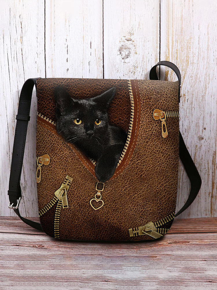 Women Felt Cat Print Crossbody Bag Shoulder Bag