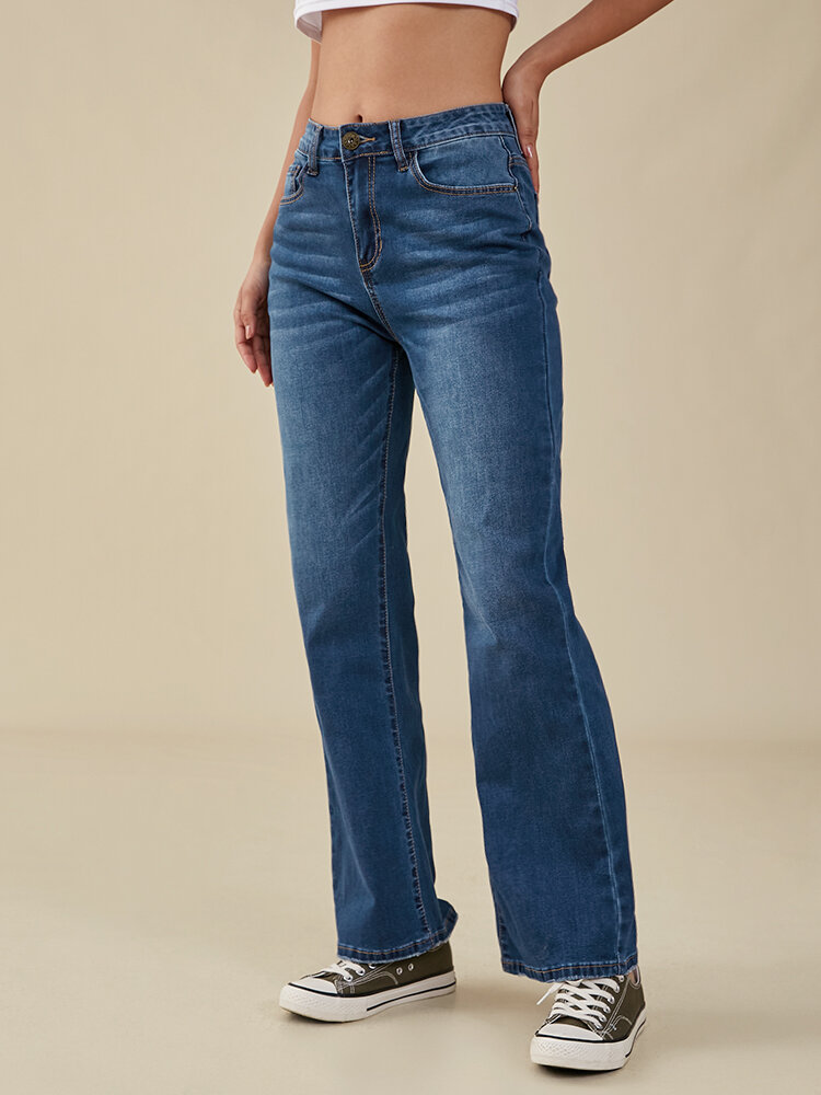 Women Loose Pocket Zip Front Wide Leg Denim Jeans