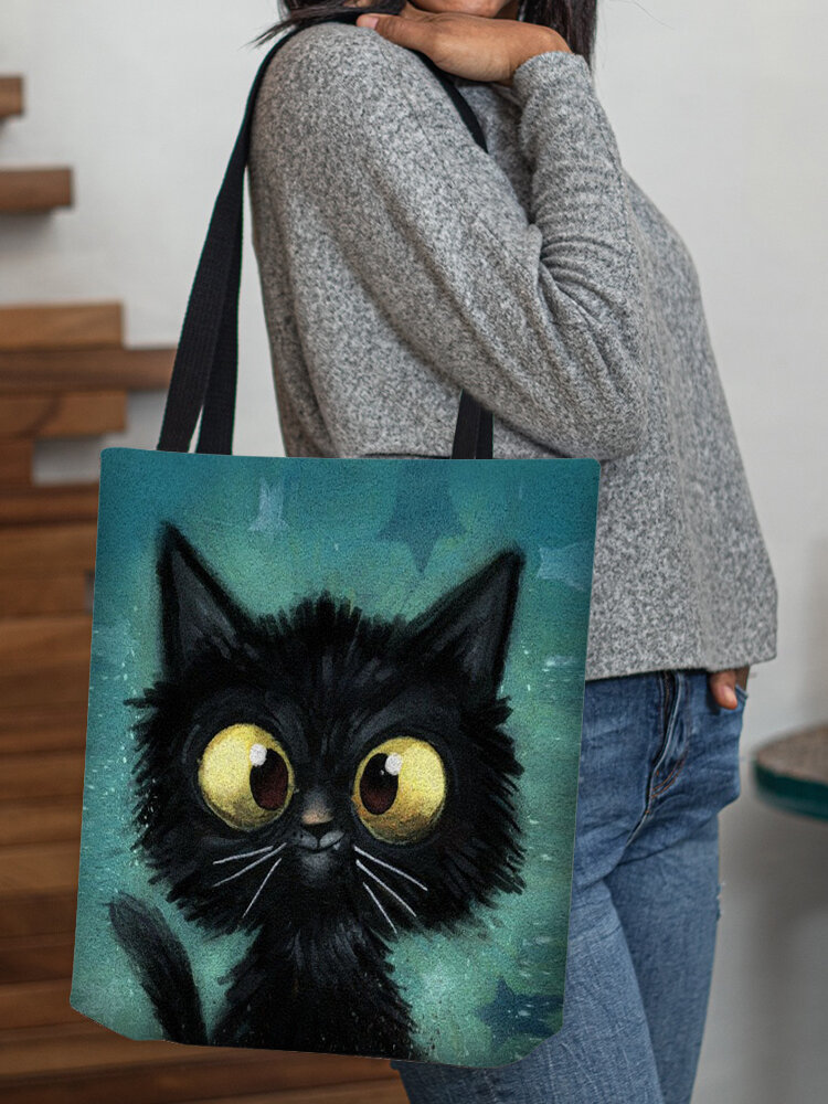 Women Fried Black Cat Pattern Print Shoulder Bag Handbag Tote