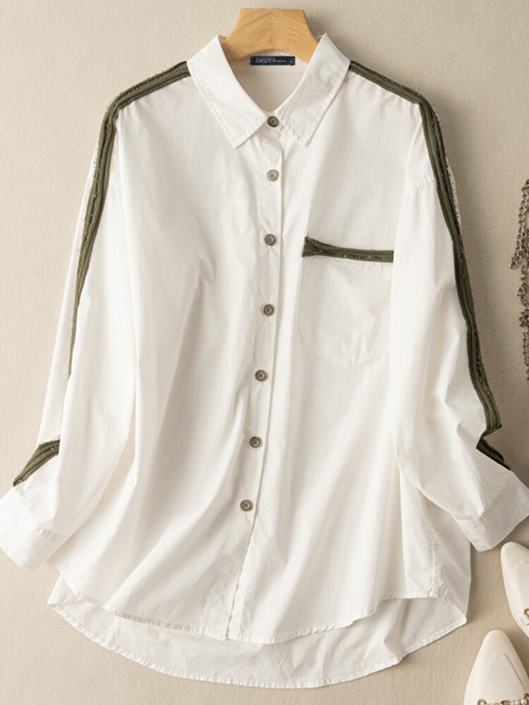 Contrast Pocket Button Front Lapel Long Sleeve Shirt