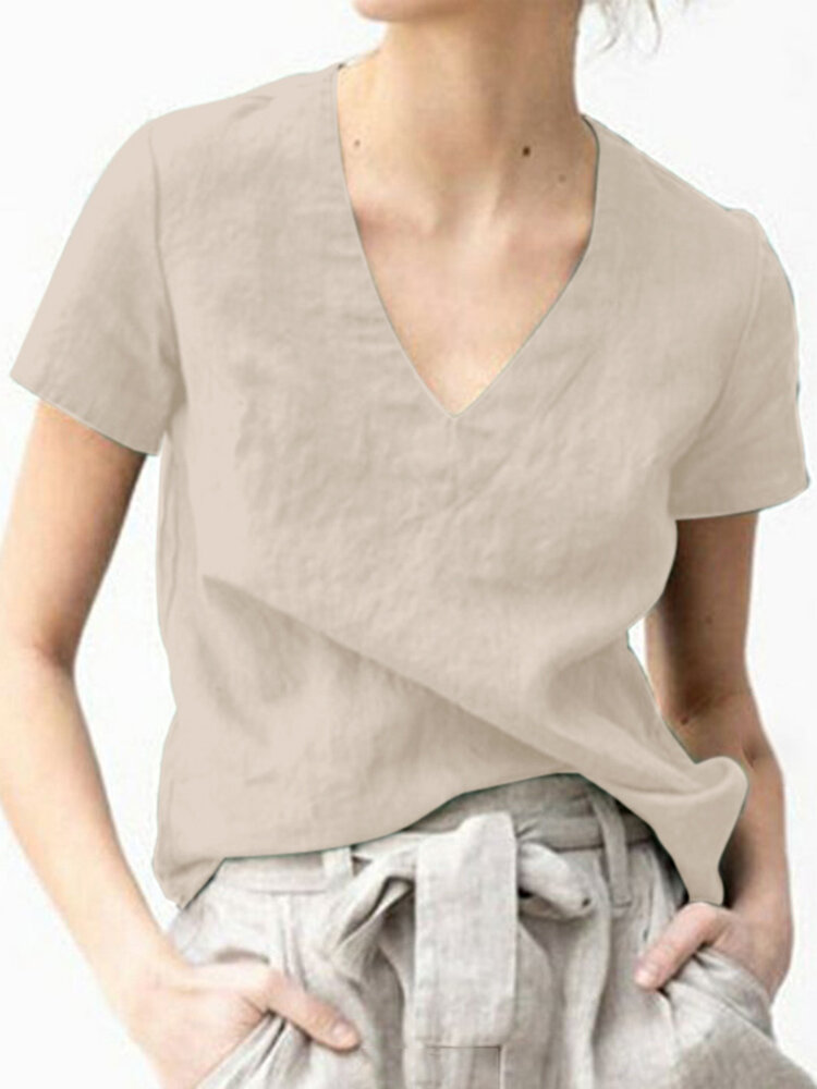 Einfarbiges Kurzarm-T-Shirt aus Baumwolle mit V-Ausschnitt