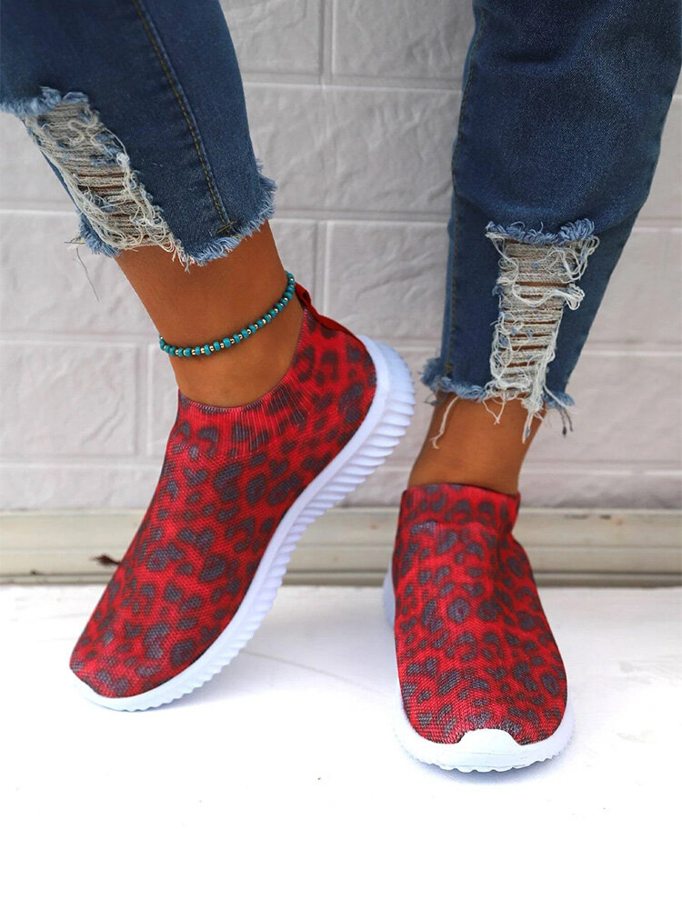 Plus Size Knitted Wine Red Elastic Band Printed Sneakers For Women