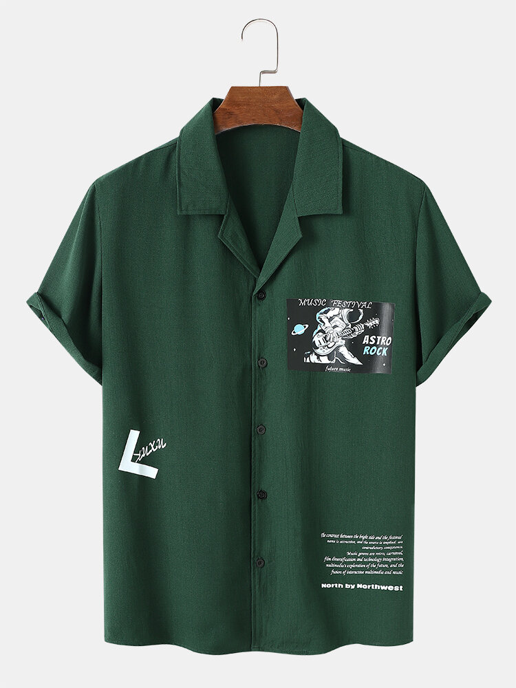 Mens Guitar Astronaut Lettert Graphic Revere Collar Street Short Sleeve Shirts