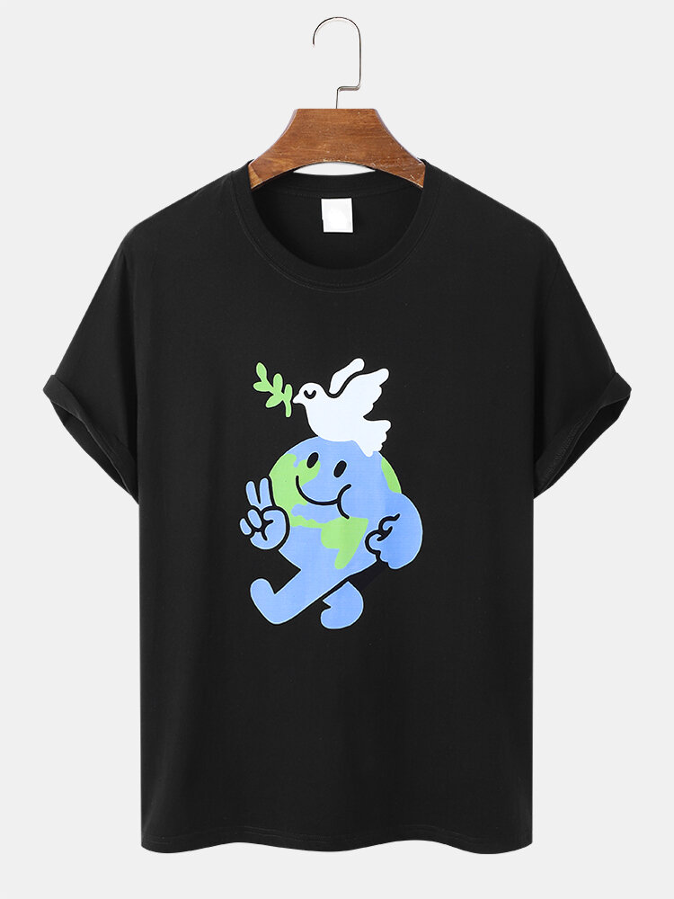 Mens Cartoon Peace Pigeon Earth Print Cotton Short Sleeve T-Shirts