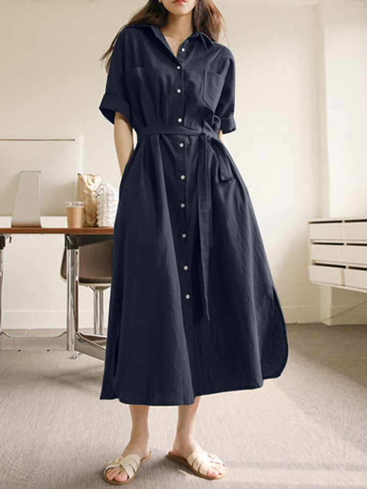Solid Button Front Pocket Lapel Casual Dress With Belt