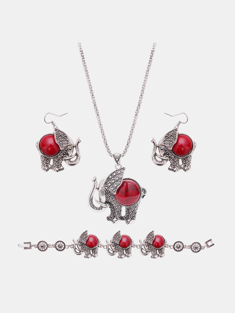 Retro Jewelry Set Elephant Round Turquoise Earrings Necklace Bracelet Set