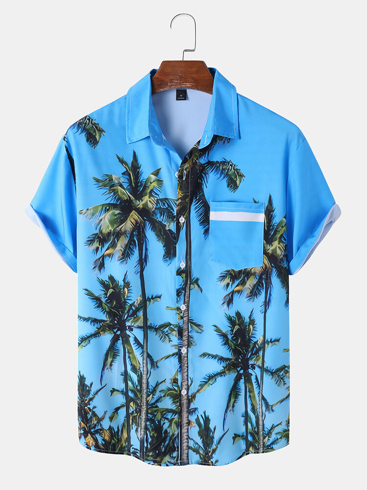 

Men Coconut Tree Print Graceful Leisure All Matched Skin Friendly Shirts, Blue