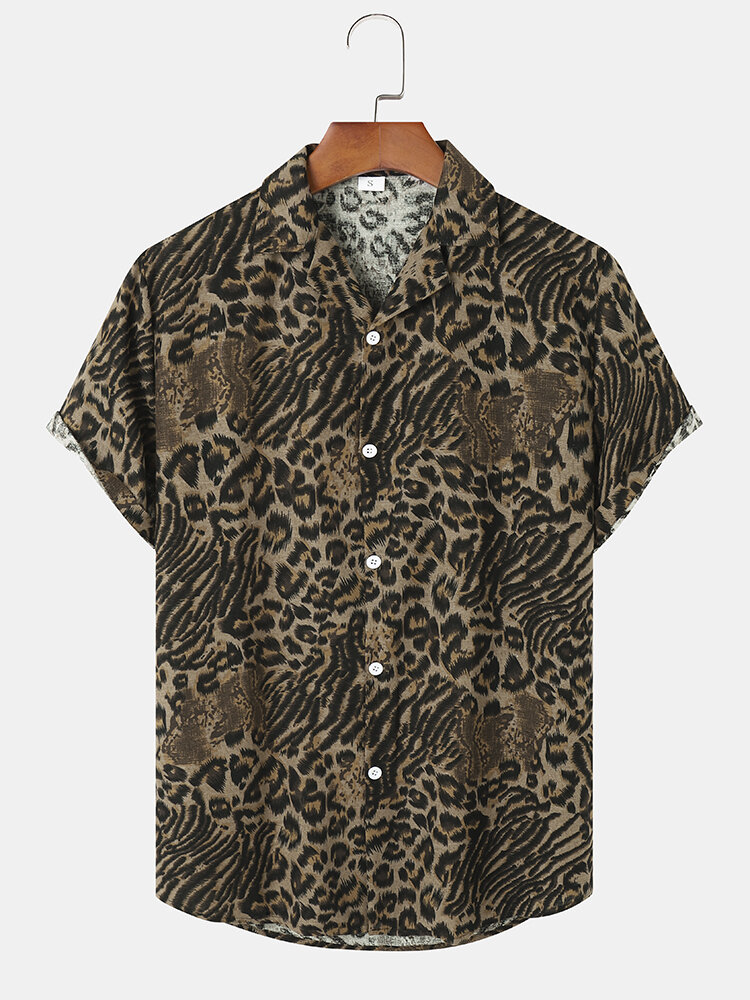 Mens Leopard Print Revere Collar Street Short Sleeve Shirts