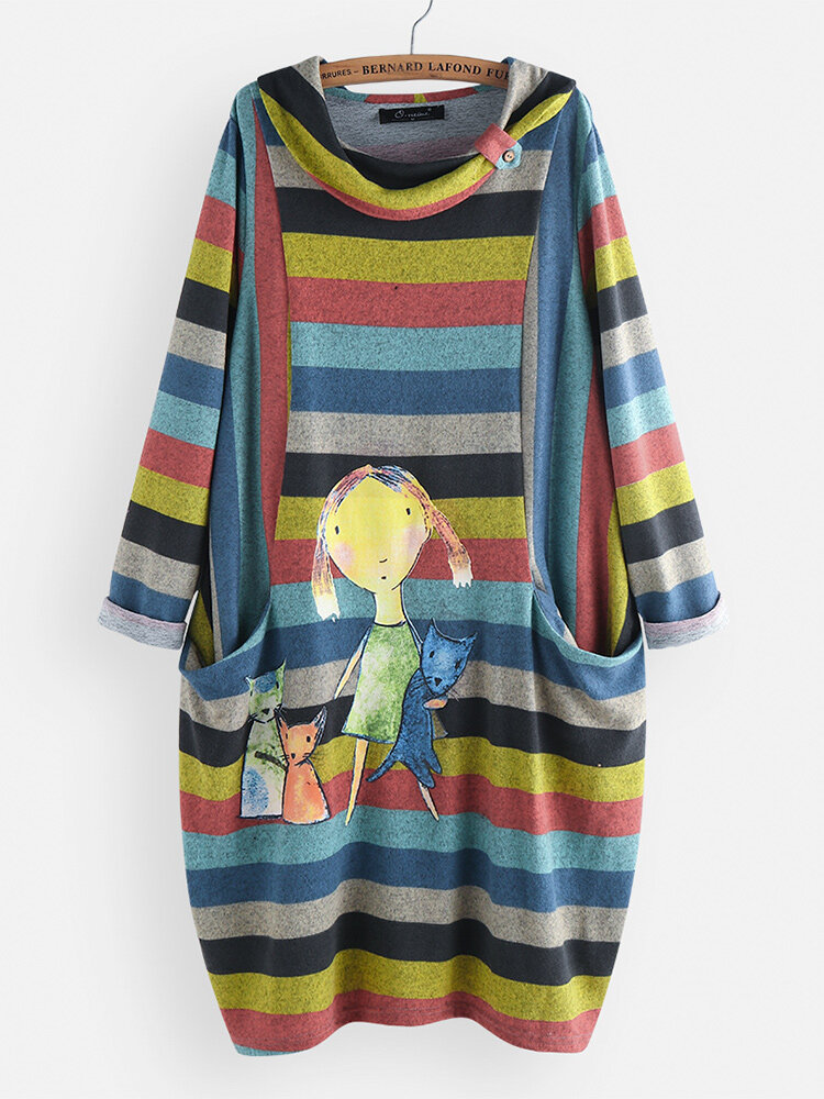 Cartoon Print Multicolor Striped Pachwork Plus Size Sweatshirt