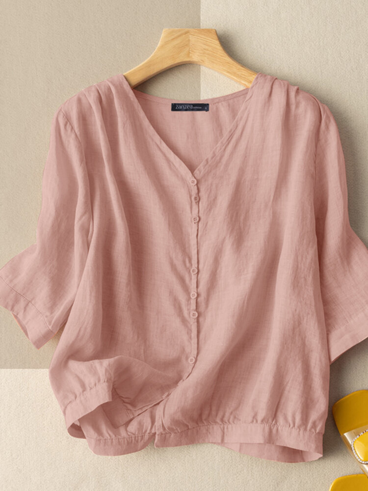Solid V-Neck Button Front 3/4 Sleeve Cotton Blouse