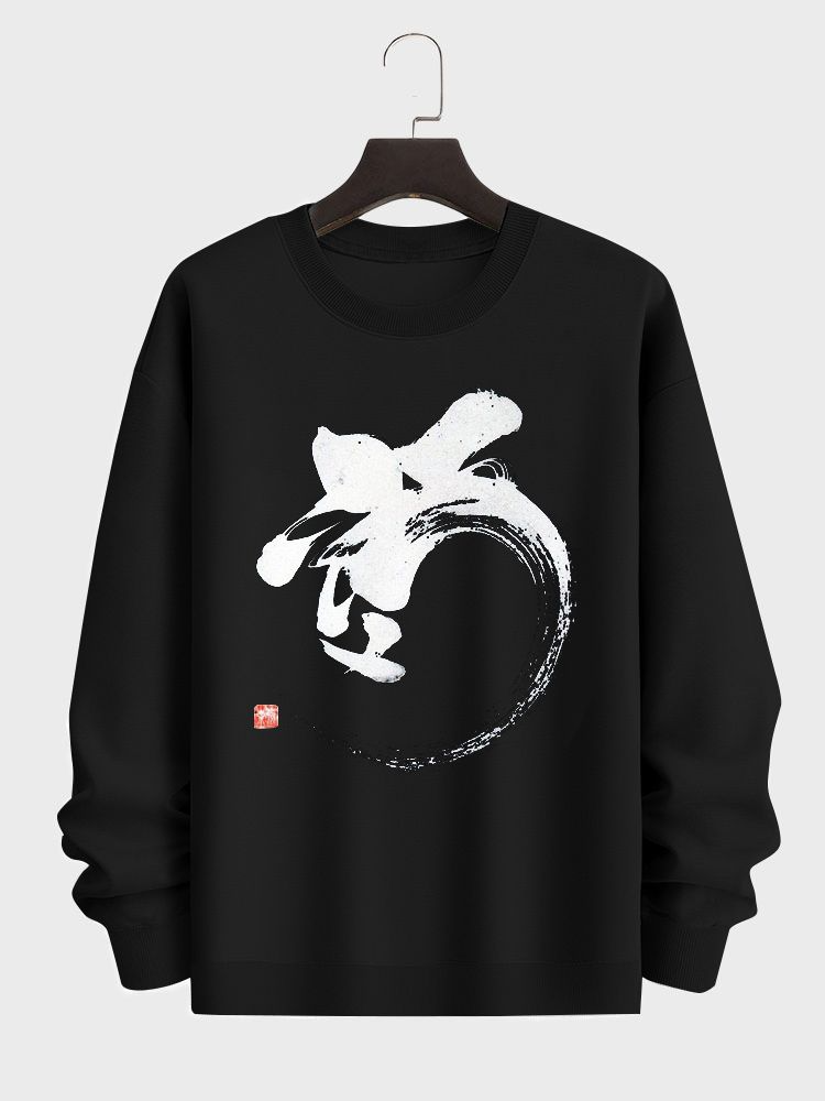 Herren-Pullover-Sweatshirt mit chinesischem Schriftzeichen-Tintendruck und Rundhalsausschnitt