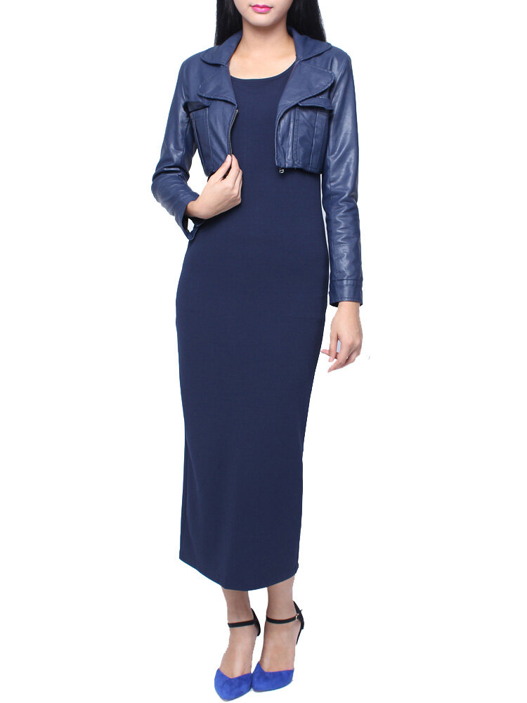 Fashion PU Leather Small Coat Sleeveless Solid Long Dress Suit