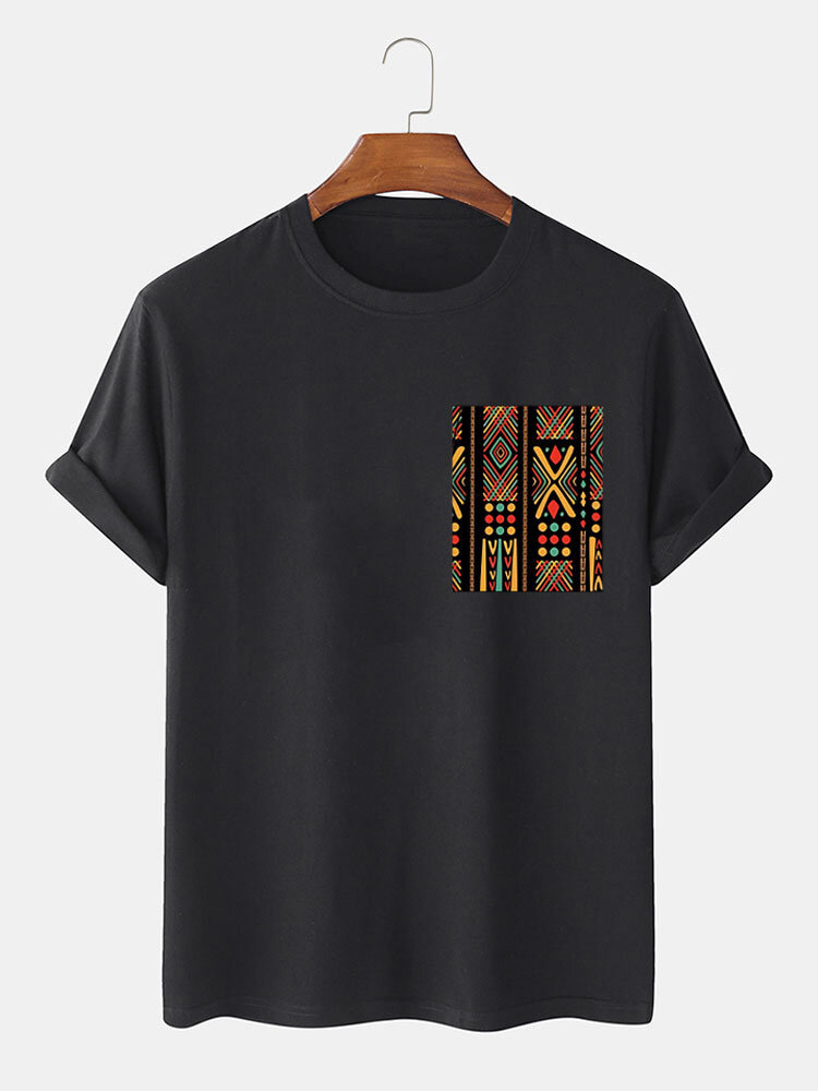 Herren-T-Shirts mit ethnischem geometrischem Brustdruck und Rundhalsausschnitt, kurzärmelig