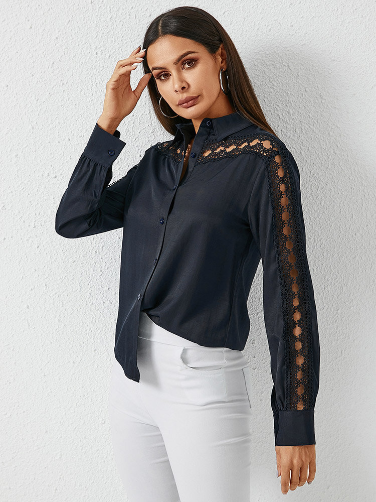 Lace Stitch Solid Lapel Long Sleeve Button Down Shirt