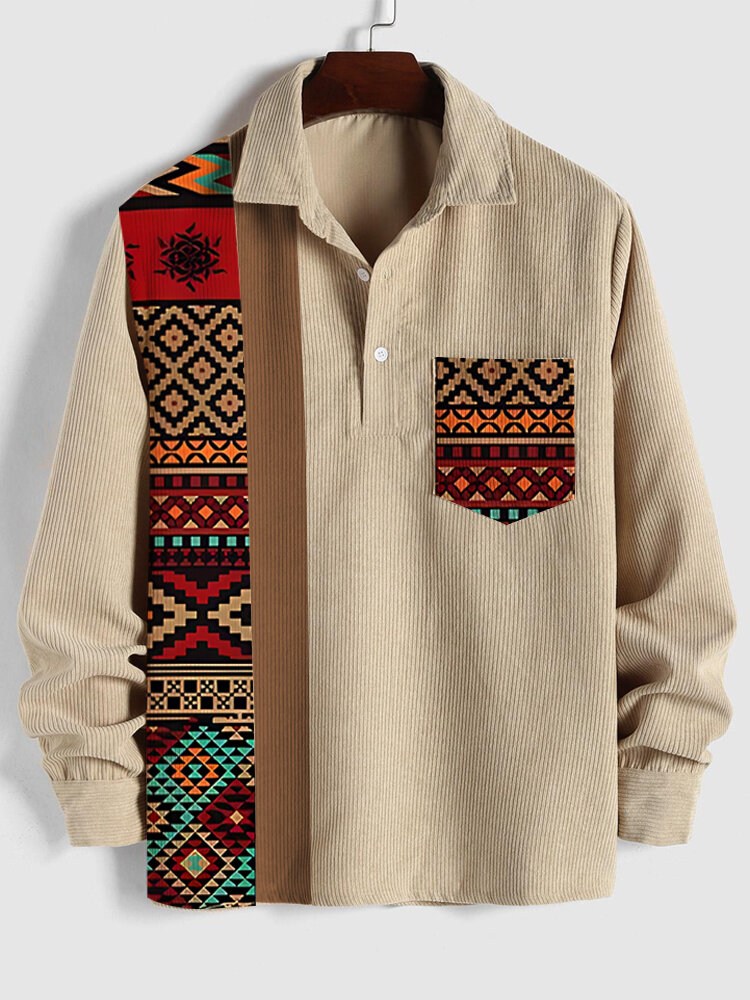 

Mens Ethnic Geometric Print Patchwork Corduroy Long Sleeve Golf Shirts Winter, Khaki