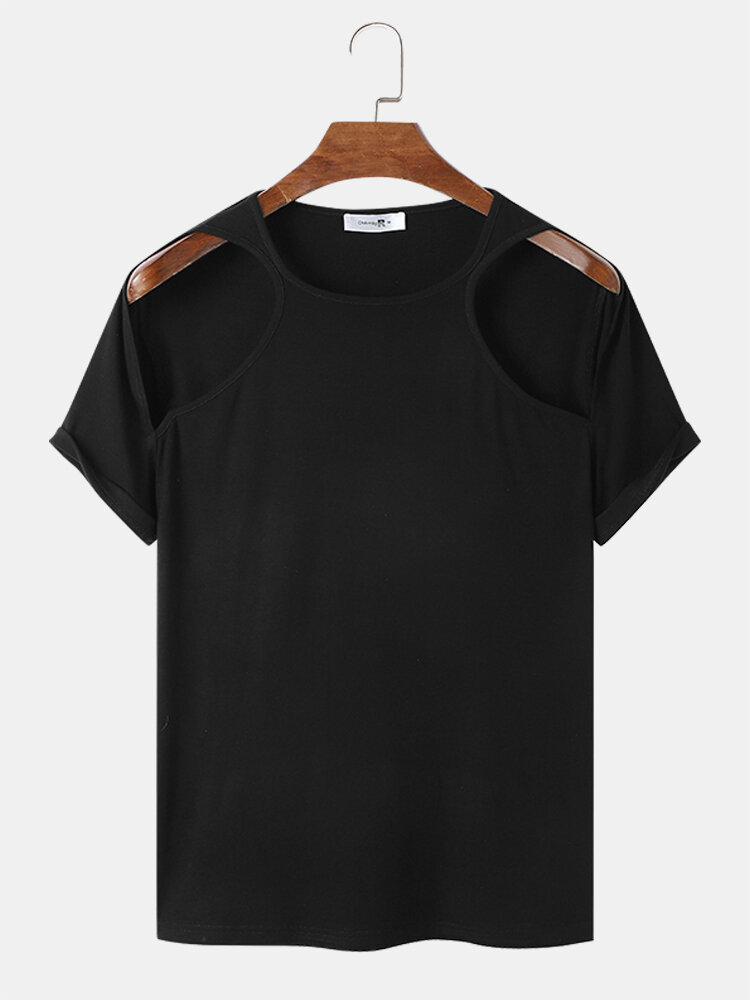 Mens Cut Out Shoulder Design Pure Color Short Sleeve T-Shirts