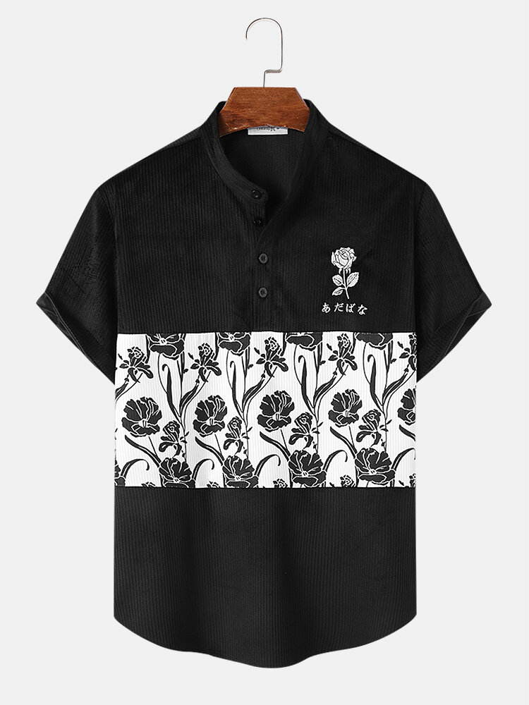 メンズローズ日本刺繍パッチワークコーデュロイ半袖ヘンリーシャツ