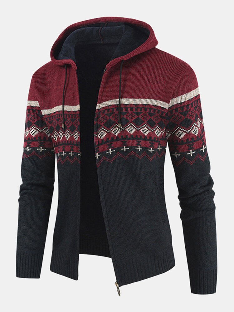 

Mens Ethnic Style Knitted Woolen Zipper Drawstring Hooded Sweater Cardigan, Red;gray;dark gray;blue